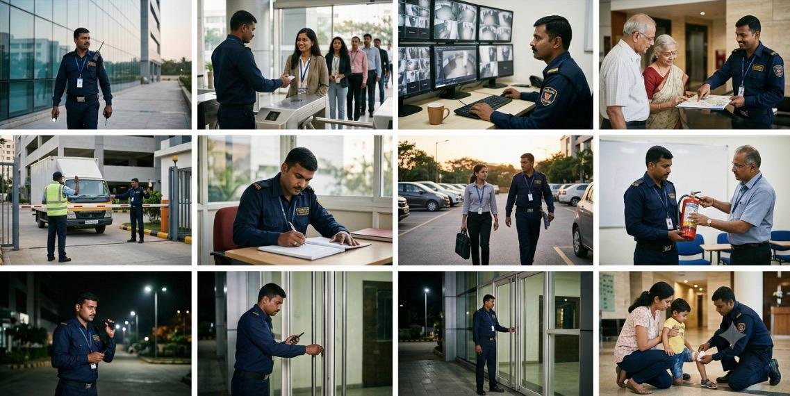 Professional security guard on duty at a corporate building